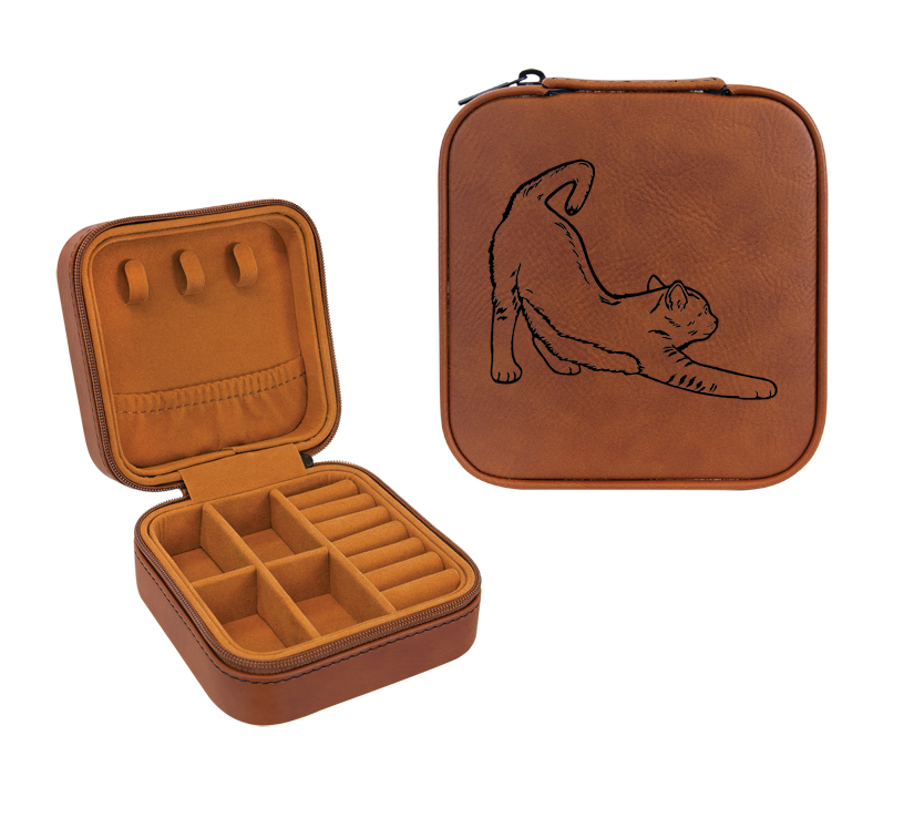 Travel jewelry box made out of leatherette comes with engraved text and the cat design of your choice. Cat Jewelry Box