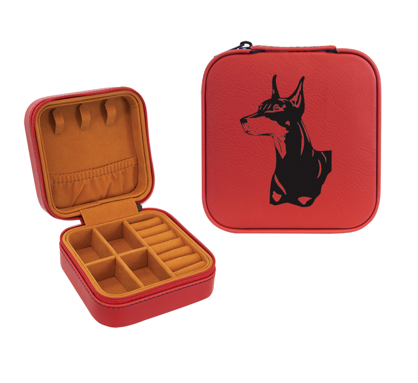 Leatherette travel jewelry box with your choice of Doberman design and personalized engraved text. Doberman Jewelry Box