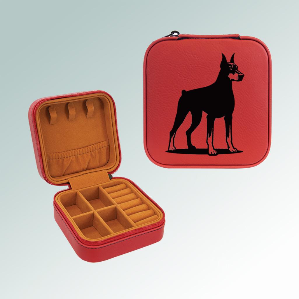 Leatherette doberman travel jewelry box with your choice of doberman design and personalized engraved text. 25+ Doberman designs to choose from.