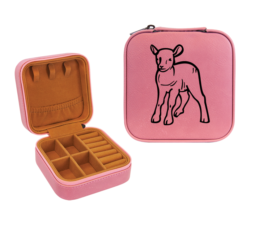 Leatherette travel jewelry box with your choice of farm animal design and personalized engraved text. Farm Animal Jewelry Box