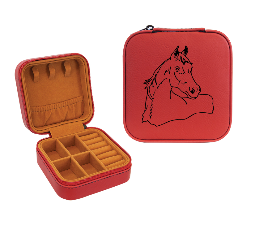 Travel jewelry box made out of leatherette comes with engraved text and the horse design of your choice. Equestrian Jewelry Box