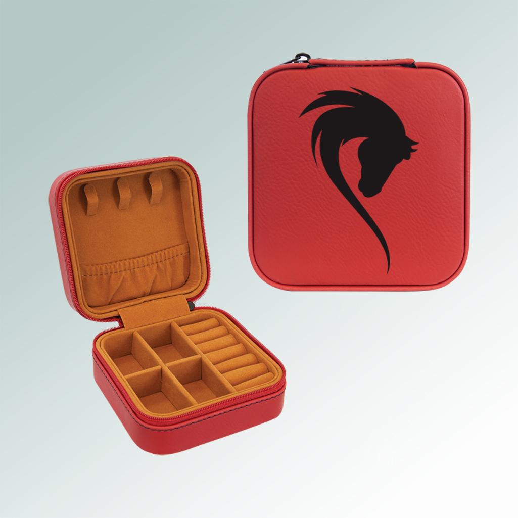 Horse silhouette travel jewelry box comes with engraved text and the horse silhouette of your choice. 85+ horse silhouettes to choose from.