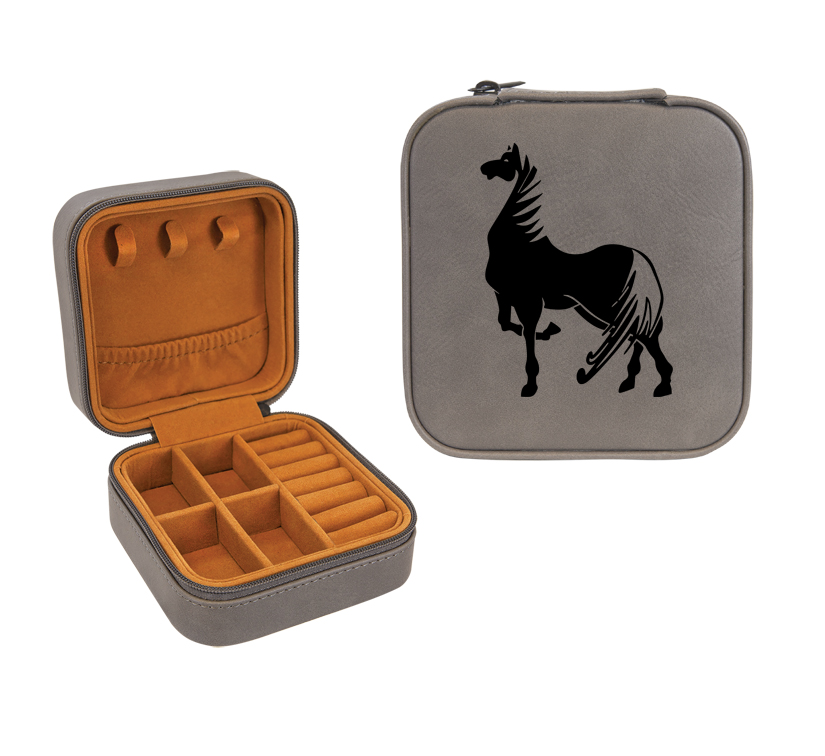 Travel jewelry box made out of leatherette comes with engraved text and the horse design 3 of your choice. Equestrian Jewelry Box