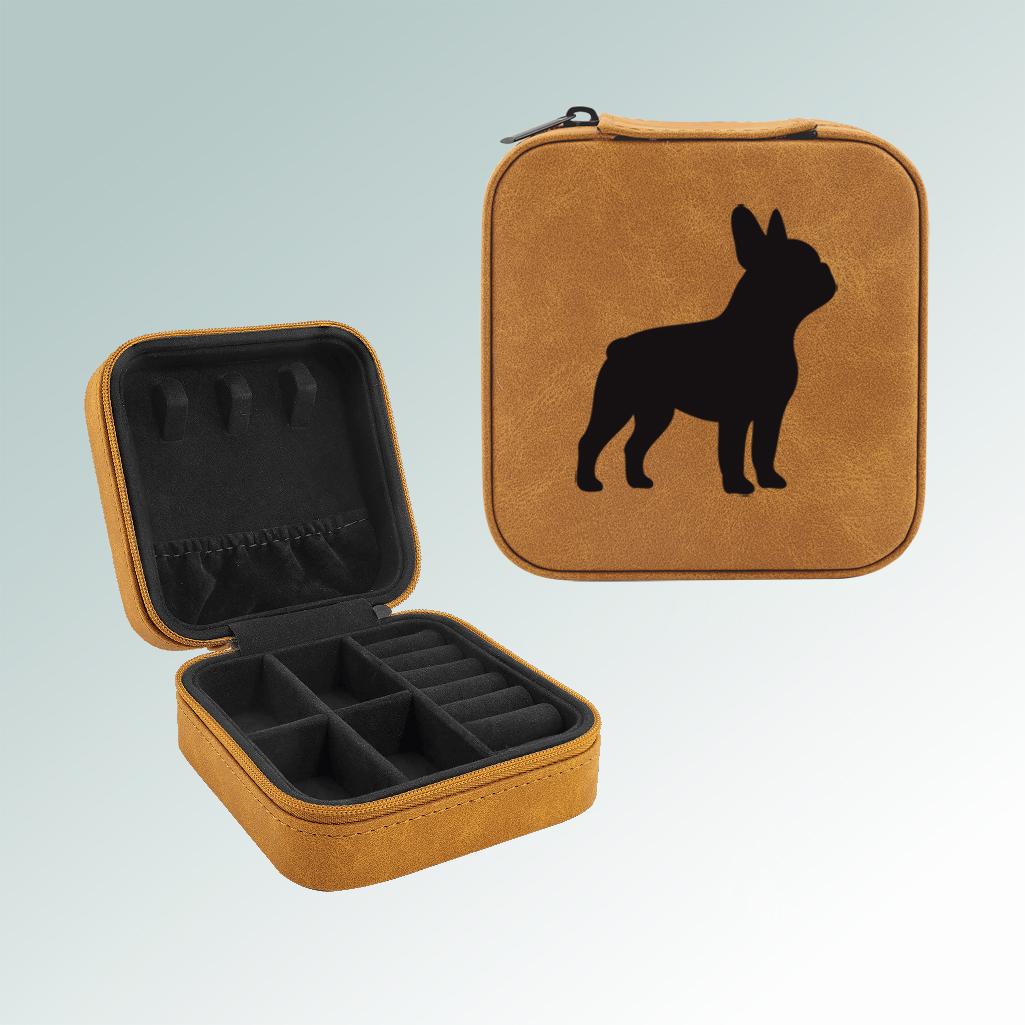 Leatherette dog breed travel jewelry box with your choice of dog breed design and personalized engraved text. 100+ dog breeds to choose from.