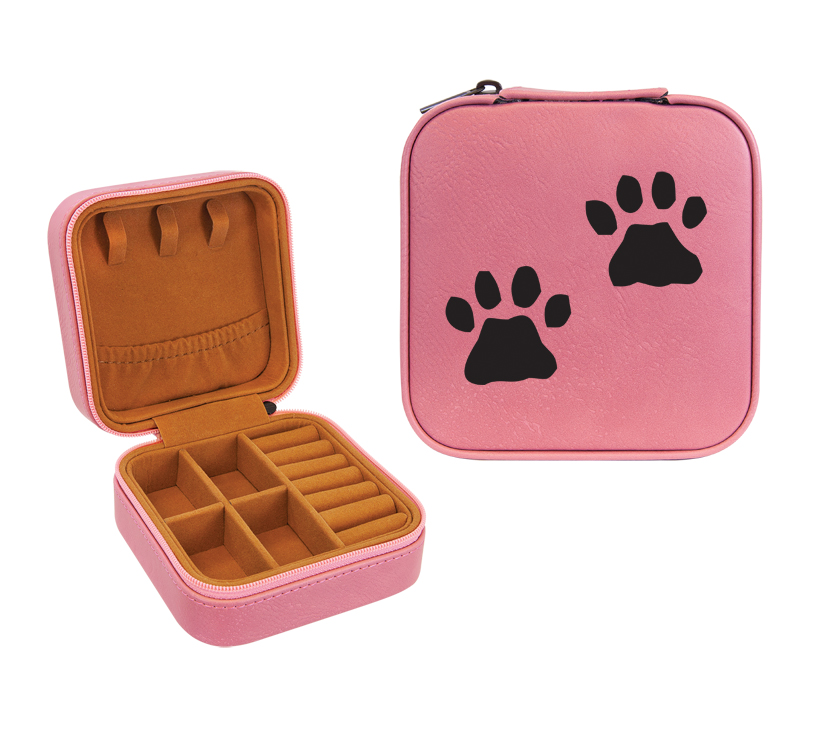 Leatherette travel jewelry box with your choice of dog design 2 and personalized engraved text. Dog Jewelry Box