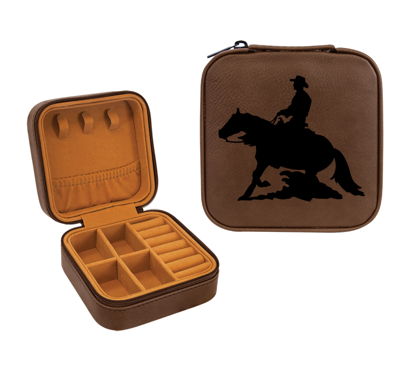 Leatherette travel jewelry box with your choice of rodeo design and personalized engraved text. Rodeo Jewelry Box