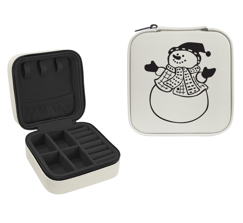 Travel jewelry box made out of leatherette comes with engraved text and the snowmen design of your choice. Snowman Gift