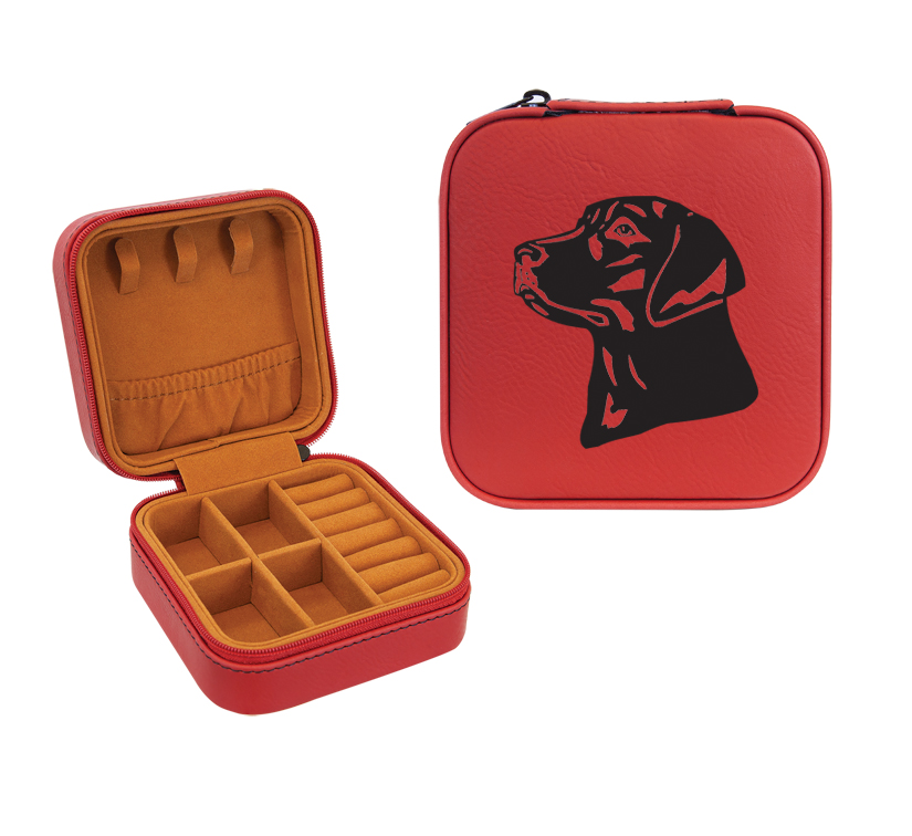 Travel jewelry box made out of leatherette comes with engraved text and the dog design 3 of your choice. Dog Jewelry Box