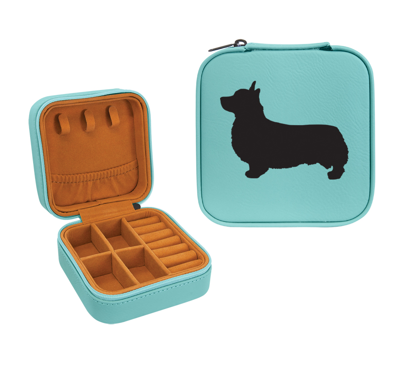 Travel jewelry box made out of leatherette comes with engraved text and the corgi design of your choice. Corgi Jewelry Box