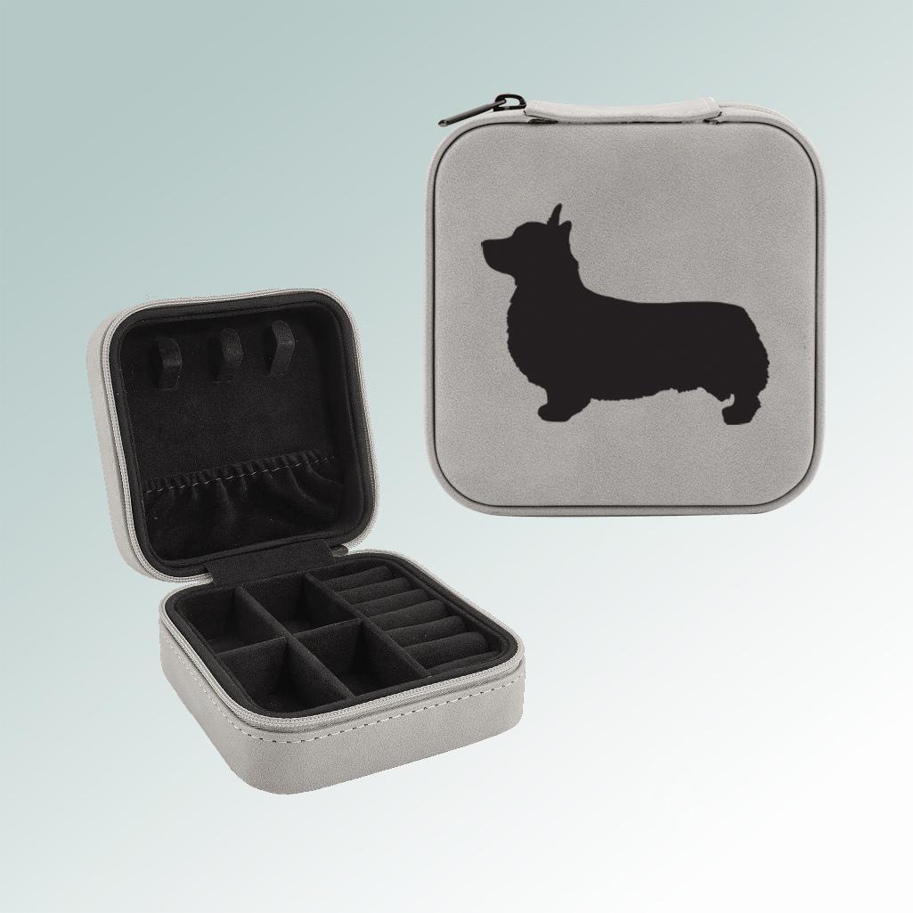 Corgi travel jewelry box made out of leatherette comes with engraved text and the corgi design of your choice. 100+ corgi designs to choose from.