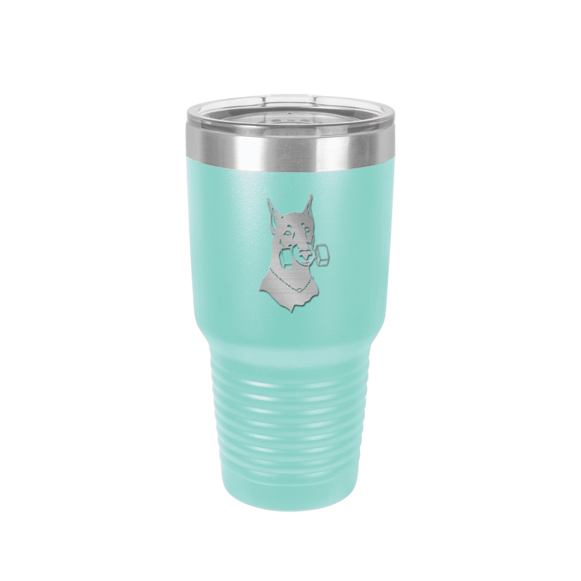 Custom engraved vacuum insulated 30 tumbler with your choice of Doberman design and personalized text.