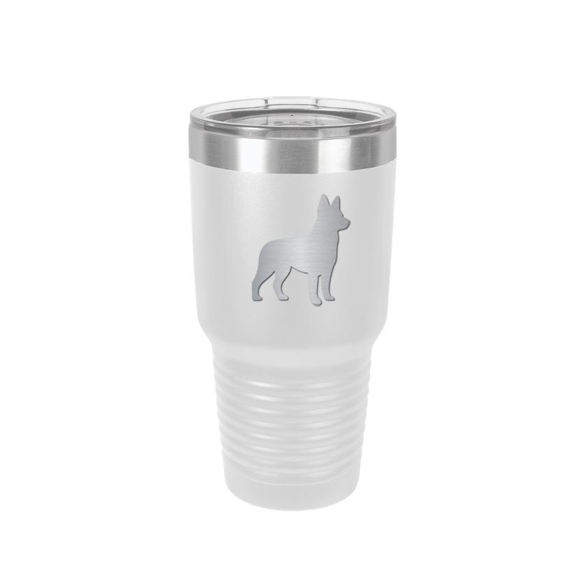 Personalized vacuum insulated 30 oz tumbler with your choice of dog design and custom engraved text. Dog Mug