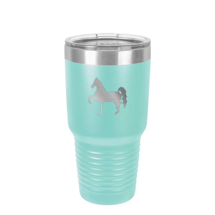 Personalized vacuum insulated 30 oz tumbler with your choice of horse design and custom engraved text.