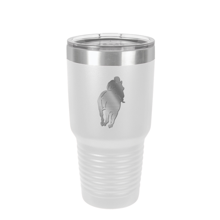 Personalized vacuum insulated 30 oz tumbler with your choice of horse design 2 and custom engraved text. Equestrian Mug