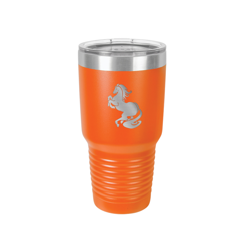 Personalized vacuum insulated 30 oz tumbler with your choice of horse design 3 and custom engraved text.