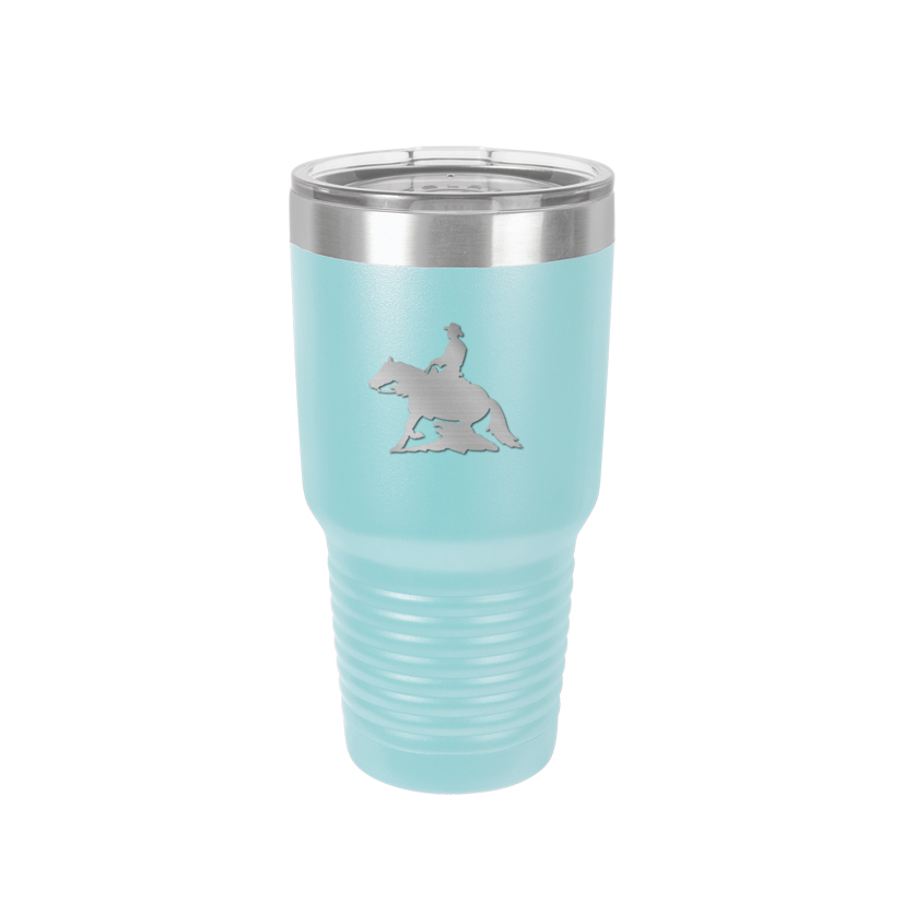 Custom engraved vacuum insulated 30 tumbler with your choice of rodeo design and personalized text.