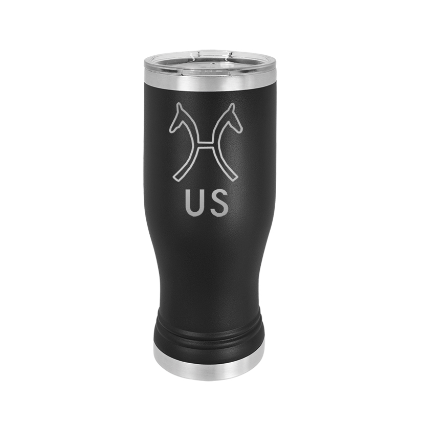 Custom engraved beer tumbler with engraved horse breed logo and personalized text. Horse Pilsner