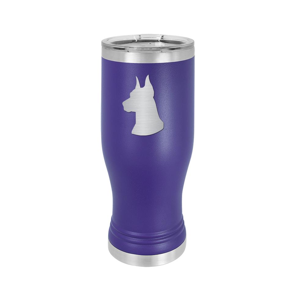 Custom engraved beer tumbler with engraved Doberman dog design and personalized text. Doberman Beer Tumbler