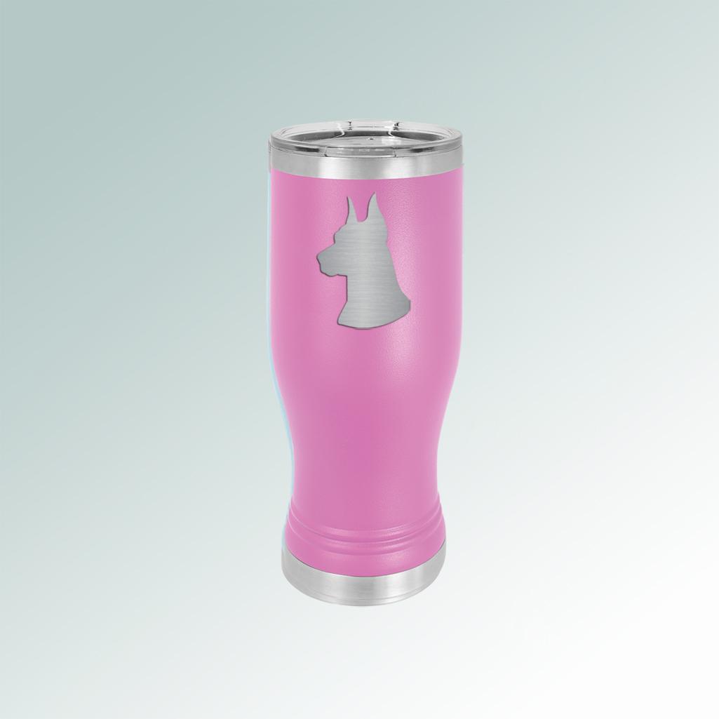 Custom engraved doberman beer tumbler with engraved doberman design and personalized text. 25+ Doberman designs to choose from.