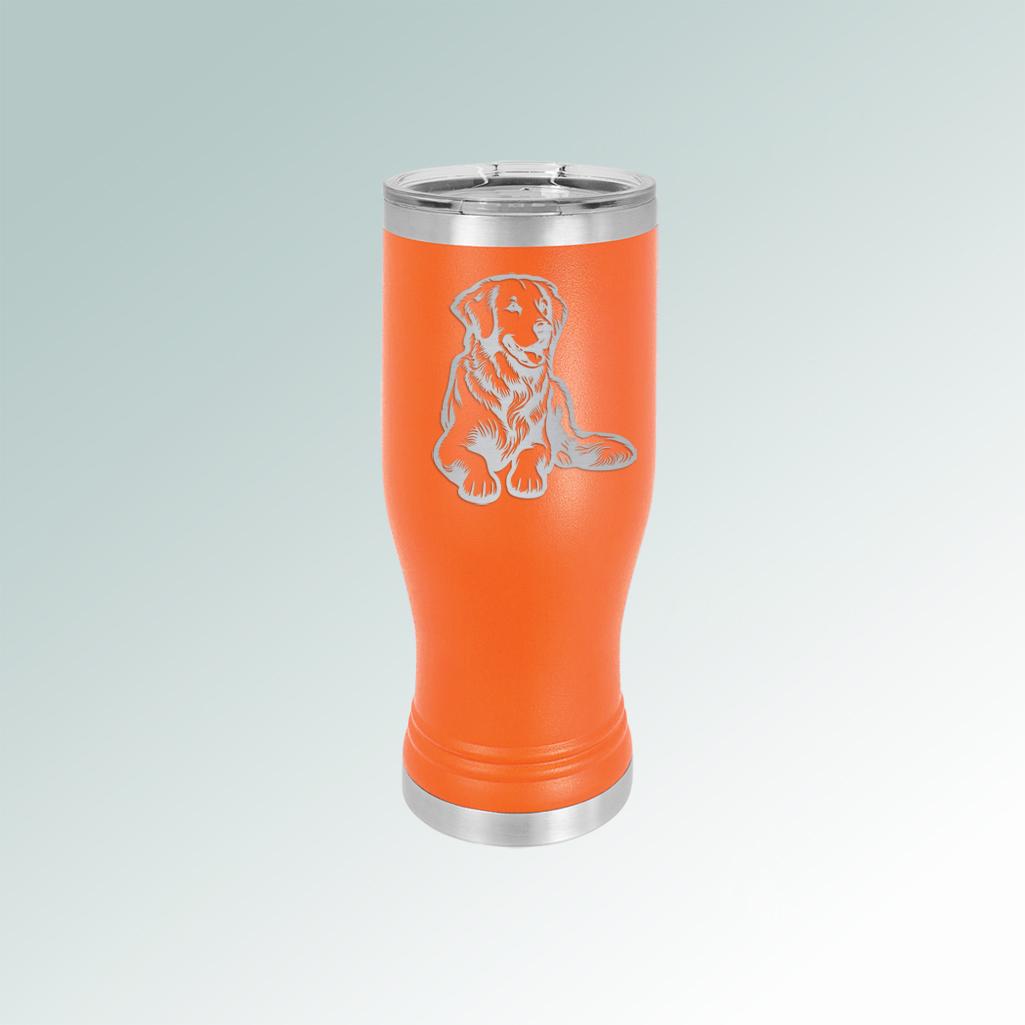 Custom golden retriever beer tumbler with engraved golden retriever design and personalized text. 80+ Golden Retriever designs to choose from.