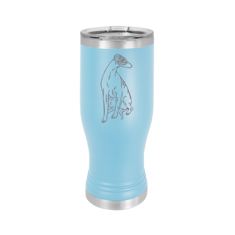 Custom engraved beer pilsner with engraved dog design 1 and personalized text. Dog Pilsner