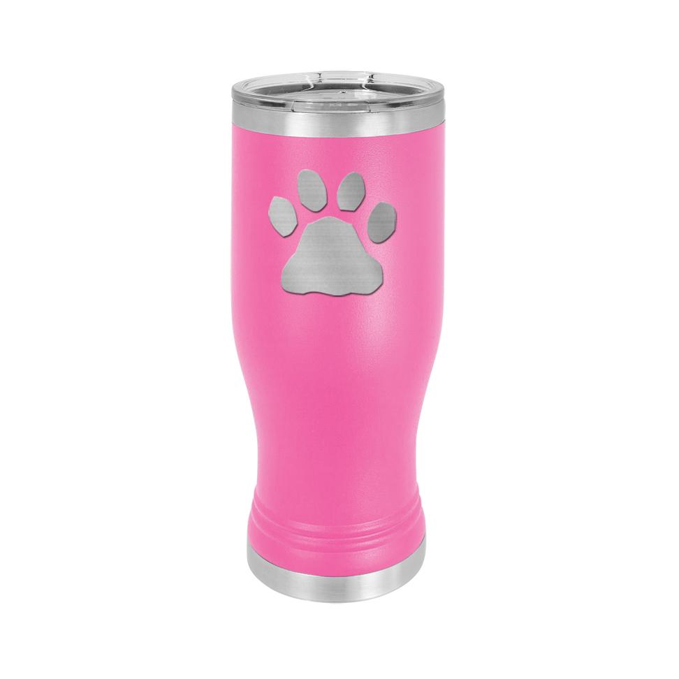Custom engraved beer tumbler with engraved dog design and personalized text. Dog Beer Tumbler