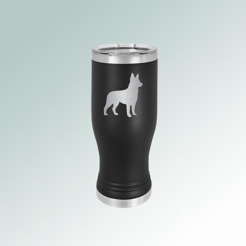 Custom engraved dog breed beer tumbler with engraved dog breed design and personalized text. 100+ dog breeds to choose from.