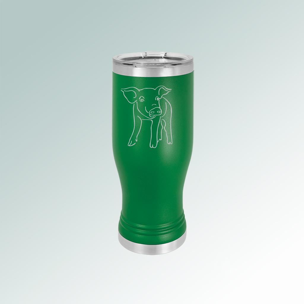 Custom engraved farm animal beer tumbler with engraved farm animal design and personalized text. 100+ farm animal designs to choose from.