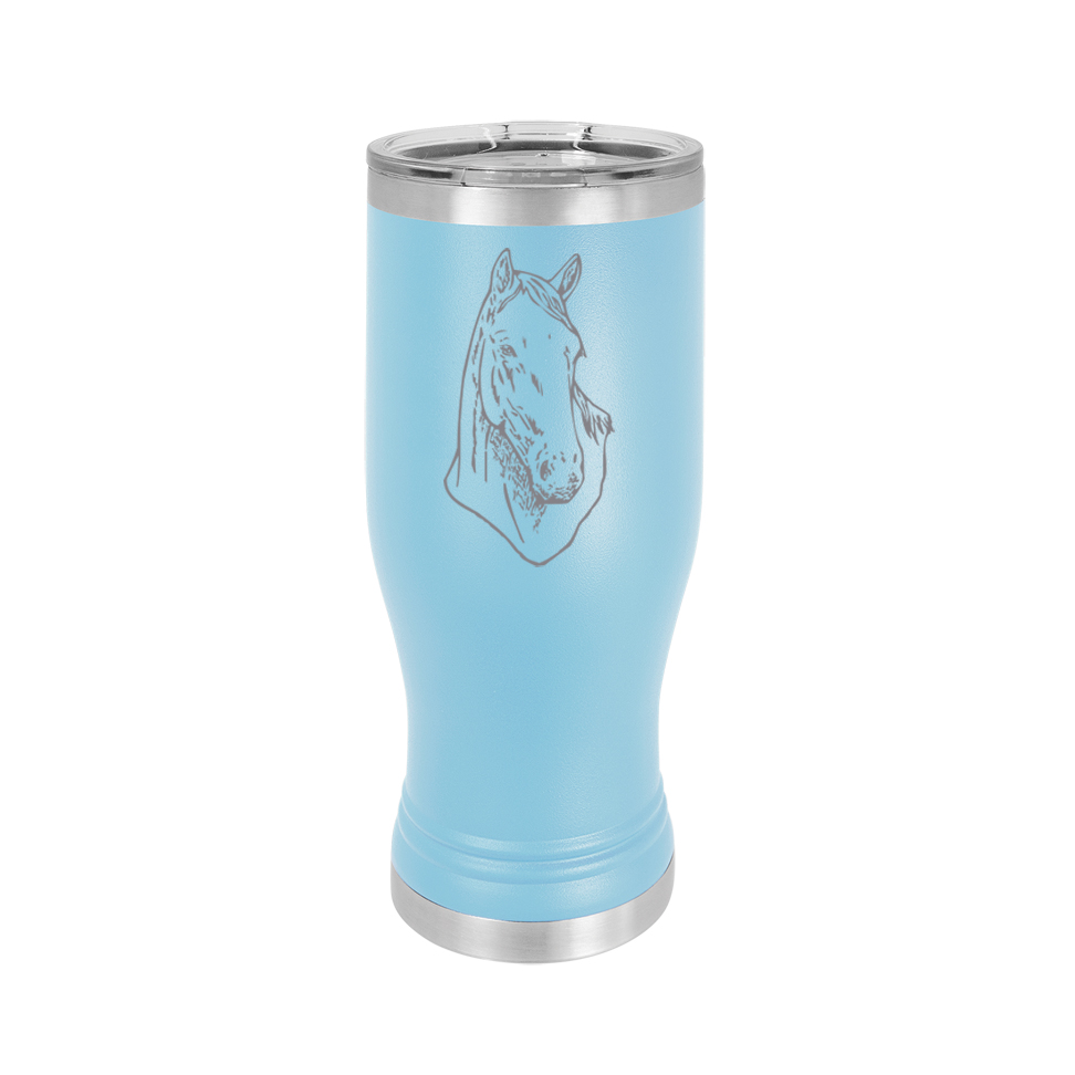 Custom engraved beer pilsner with engraved horse design and personalized text. Equestrian Pilsner