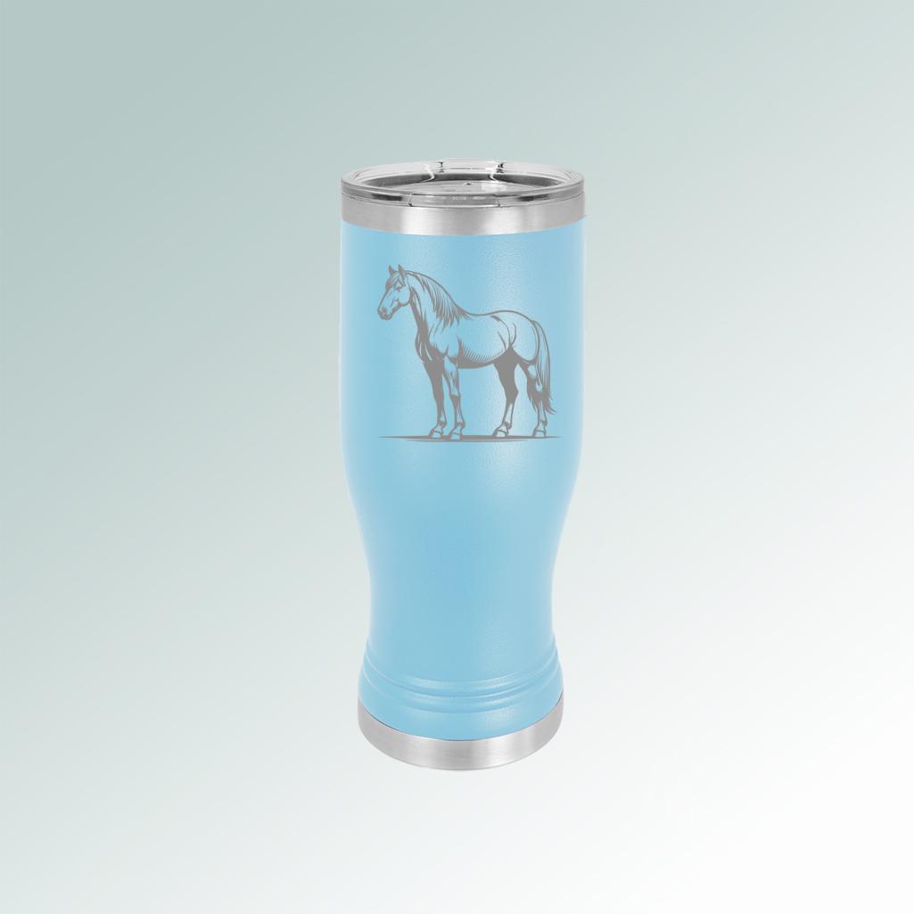Custom engraved horse beer tumbler with engraved horse design and personalized text. 145+ horse designs to choose from.