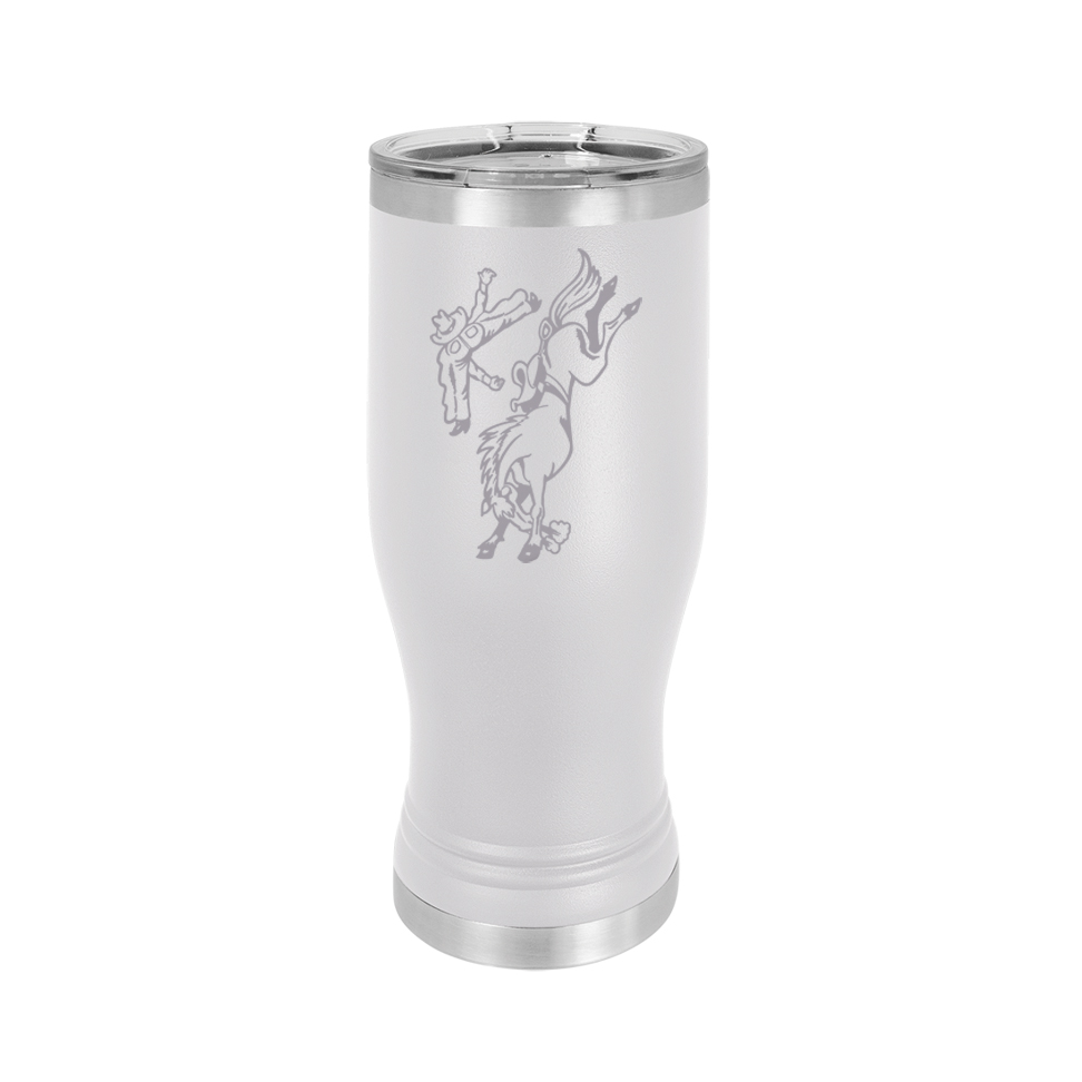 Custom engraved beer pilsner with engraved horse design 3 and personalized text. Equestrian Pilsner