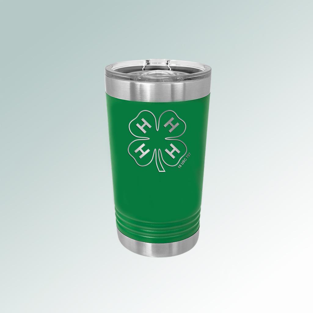 Personalized stainless steel 16 oz 4-H tumbler with custom engraved text and 4-H logo.