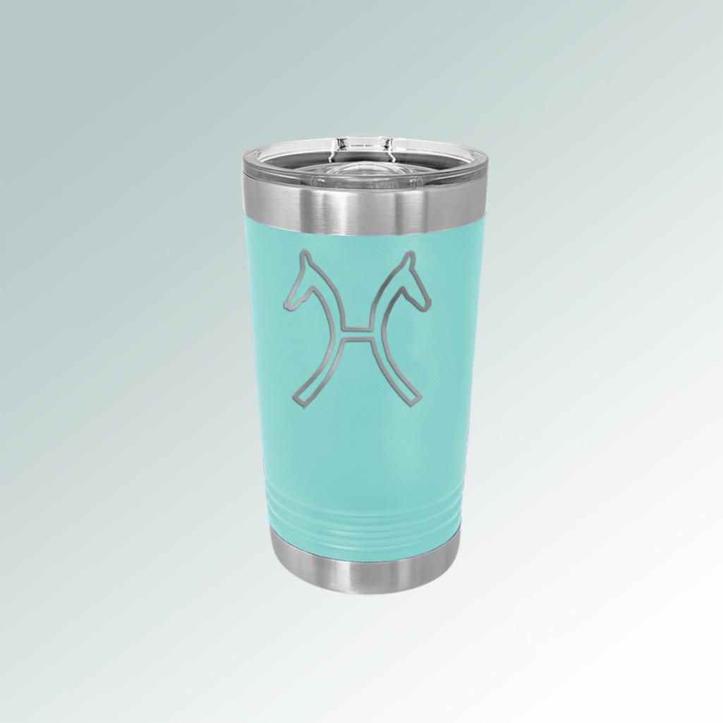 Personalized stainless steel 16 ox horse breed tumbler with custom engraved text and horse breed logo. 25+ horse breed logos to choose from.