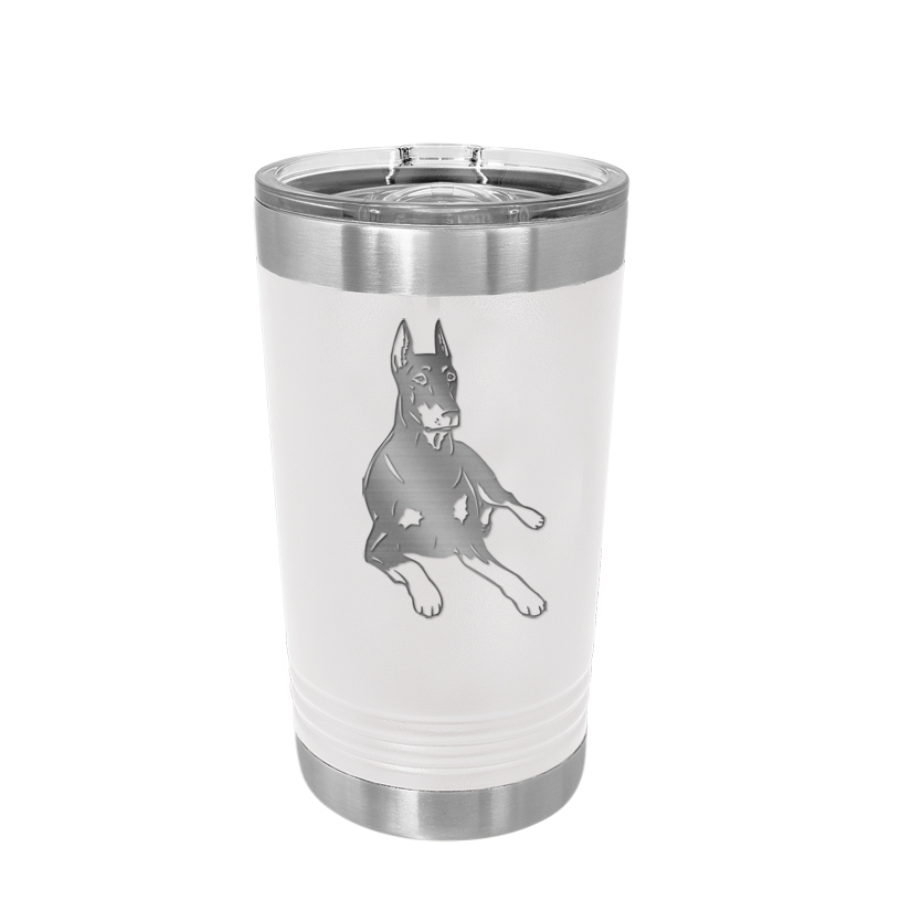 Custom engraved stainless steel pint glass with personalized text and Doberman design.