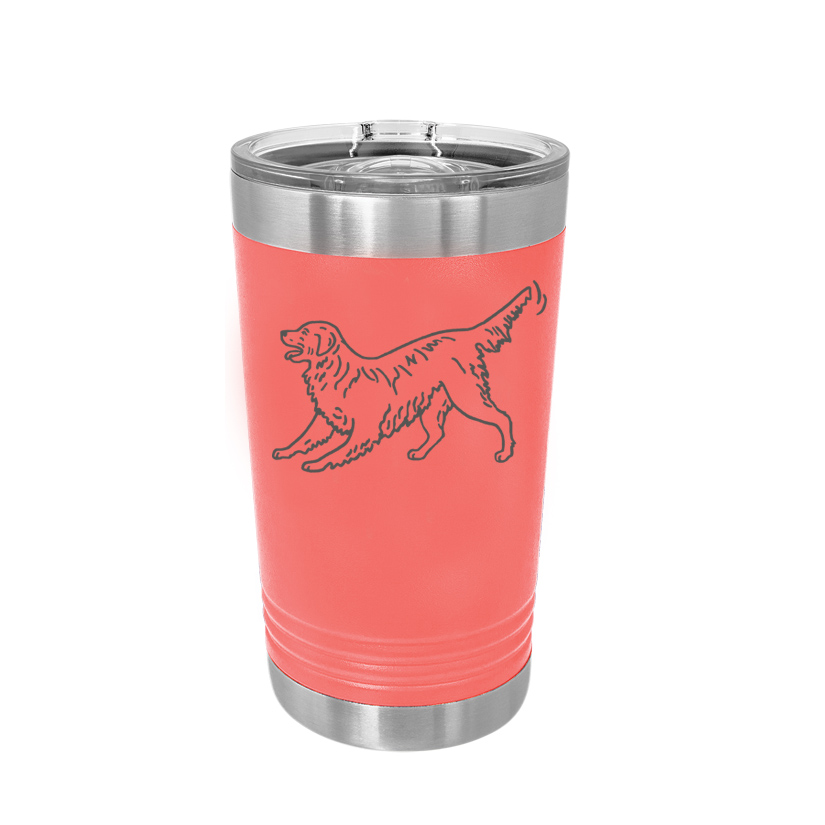 Personalized stainless steel polar camel pint glass with custom engraved text and a Golden Retriever.