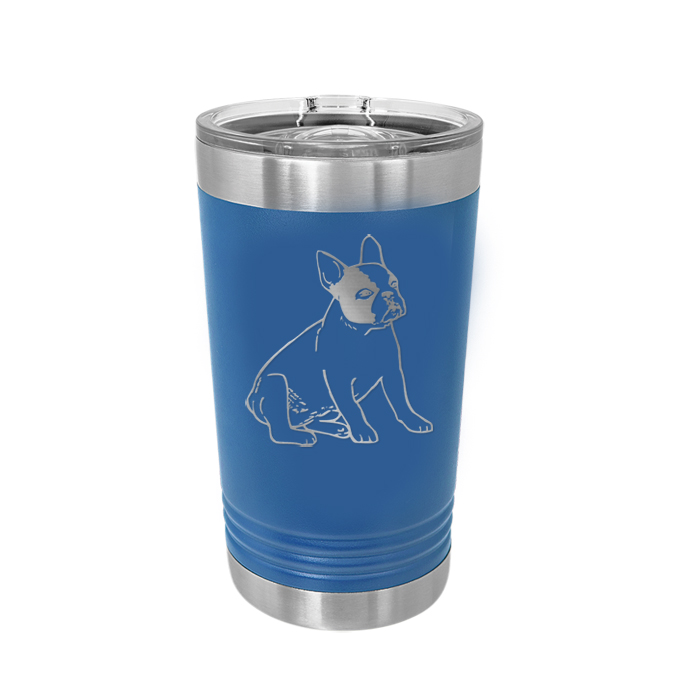 Personalized stainless steel polar camel pint glass with custom engraved text and a non-sporting dog design.