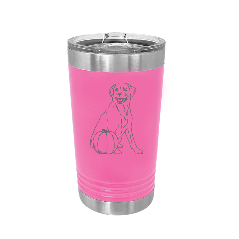 Custom engraved stainless steel pint glass with personalized text and a sporting dog design.