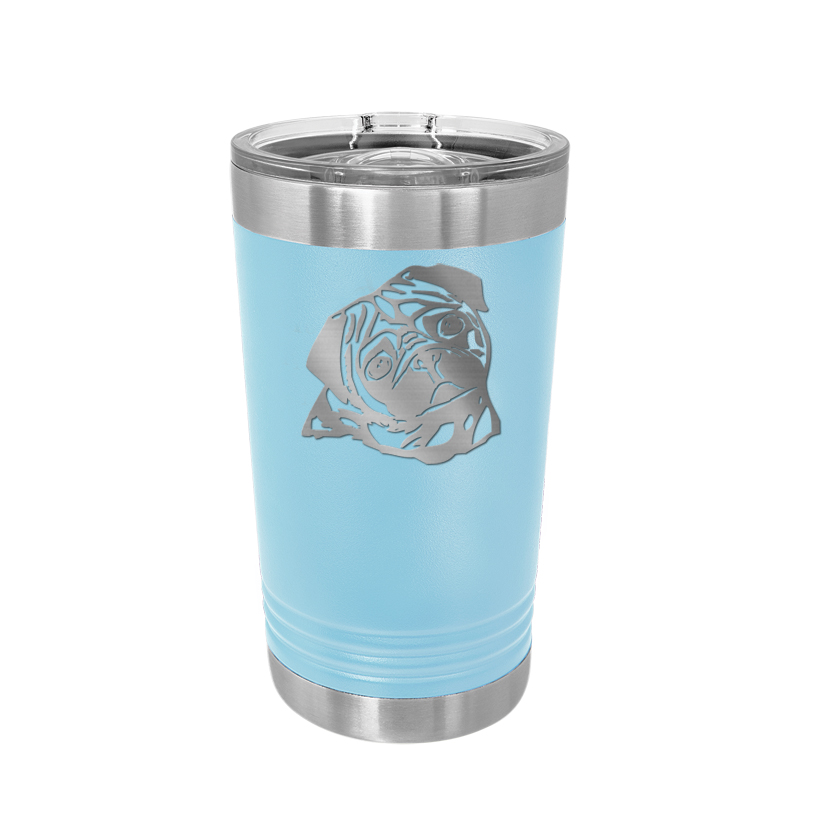 Custom engraved stainless steel pint glass with personalized text and a toy dog design.