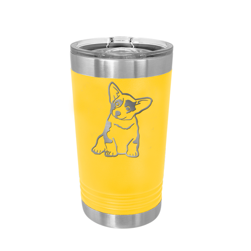 Custom engraved stainless steel pint glass with personalized text and corgi design. Corgi Pint Glass