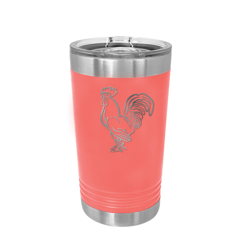 Custom engraved stainless steel pint glass with personalized text and farm animal design. Rooster Pint Glass