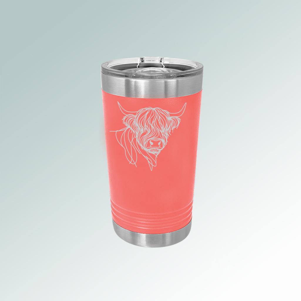 Custom engraved stainless steel 16 oz farm animal tumbler with personalized text and farm animal design. 100+ farm animal designs to choose from.