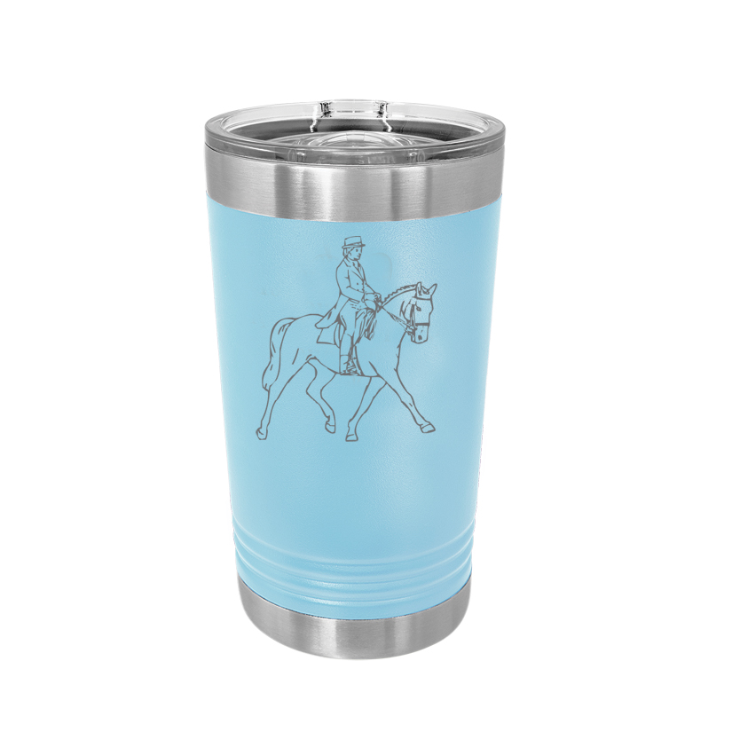 Personalized stainless steel polar camel pint glass with custom engraved text and horse design.