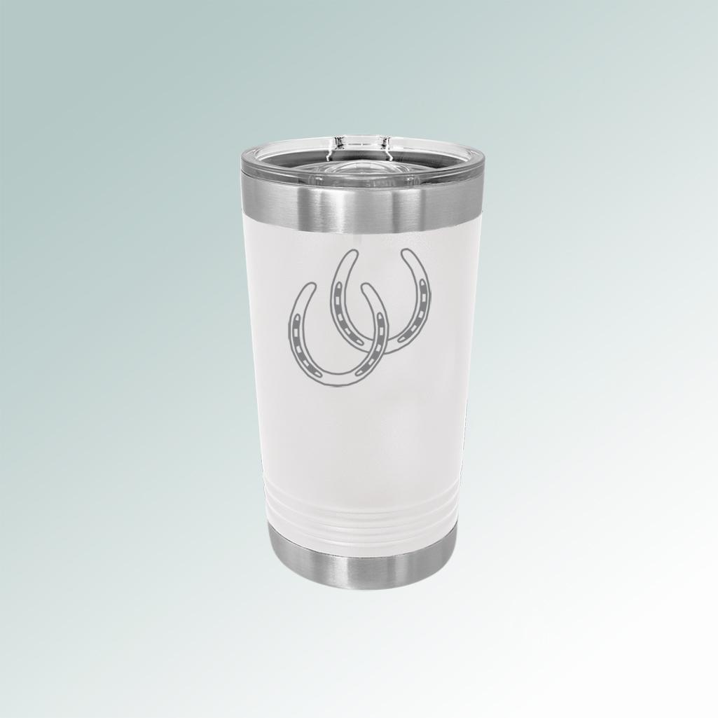 Custom engraved stainless steel 16 oz horse tumbler with personalized text and horse design. 145+ horse designs to choose from.
