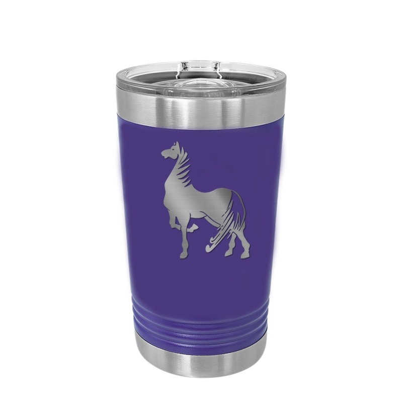 Custom engraved stainless steel pint glass with personalized text and horse design 3. Equestrian Pint