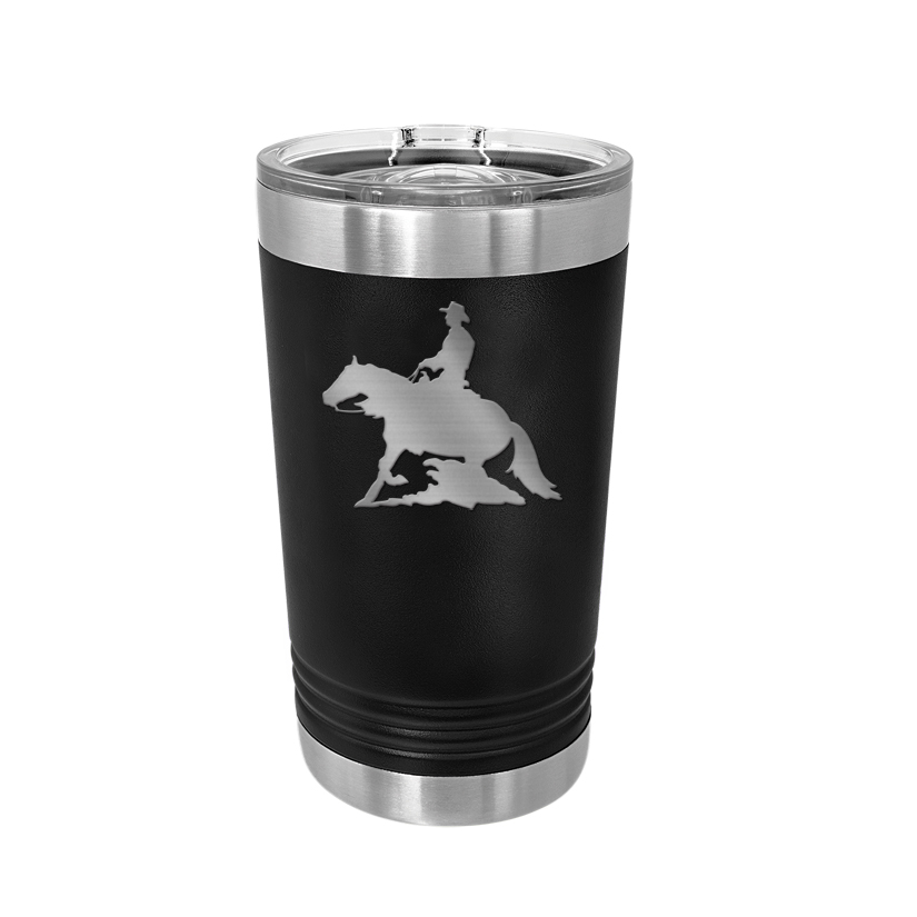 Custom engraved stainless steel pint glass with personalized text and rodeo design.
