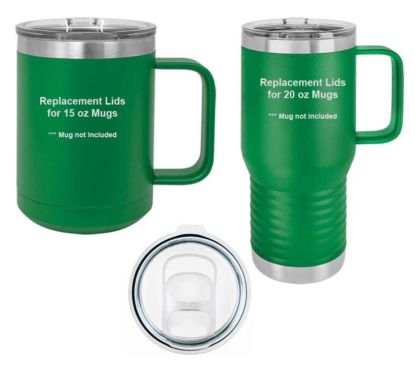 Lids that fit 15 oz and 20 oz stainless steel mugs. Open Slot Lid, Slide Lid, Magnetic Lid and Snap Lid.