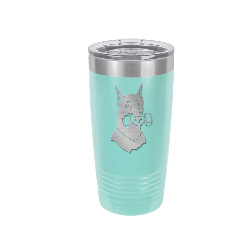 Personalized vacuum insulated ringneck tumbler with your choice of doberman design and custom engraved text.