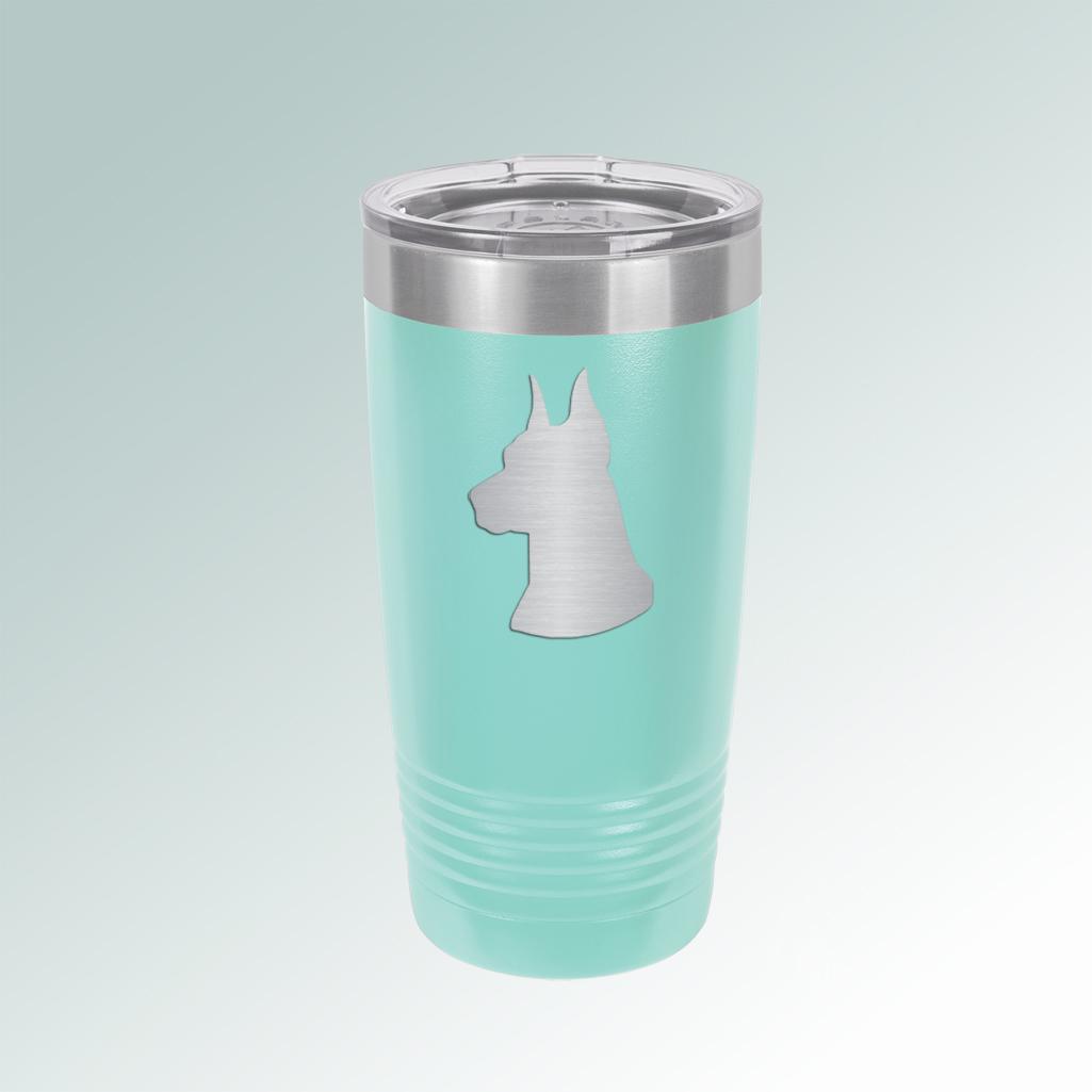 Custom engraved vacuum insulated tumbler with your choice of doberman design and personalized text. 25+ doberman designs to choose from.