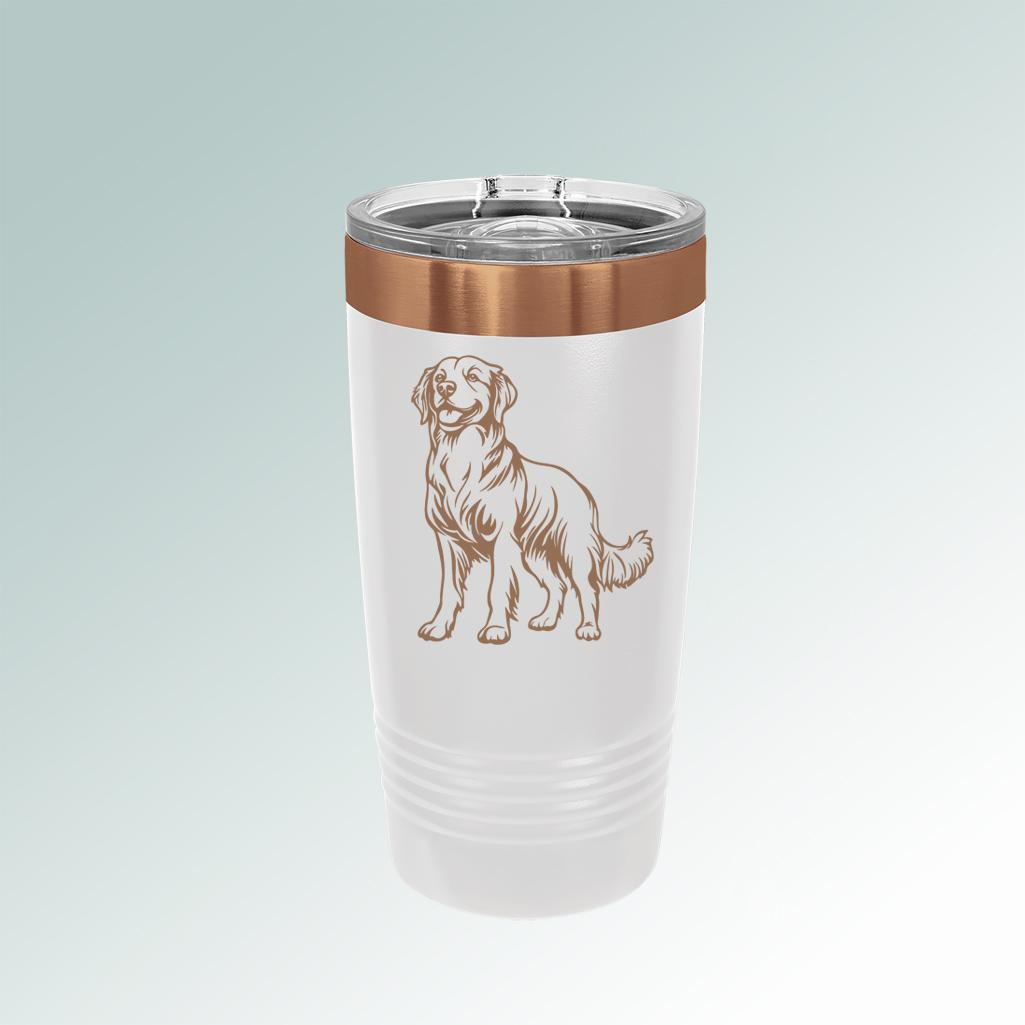 Personalized  insulated golden retriever tumbler with your choice of design and custom engraved text. 80+ Golden Retriever designs to choose from.