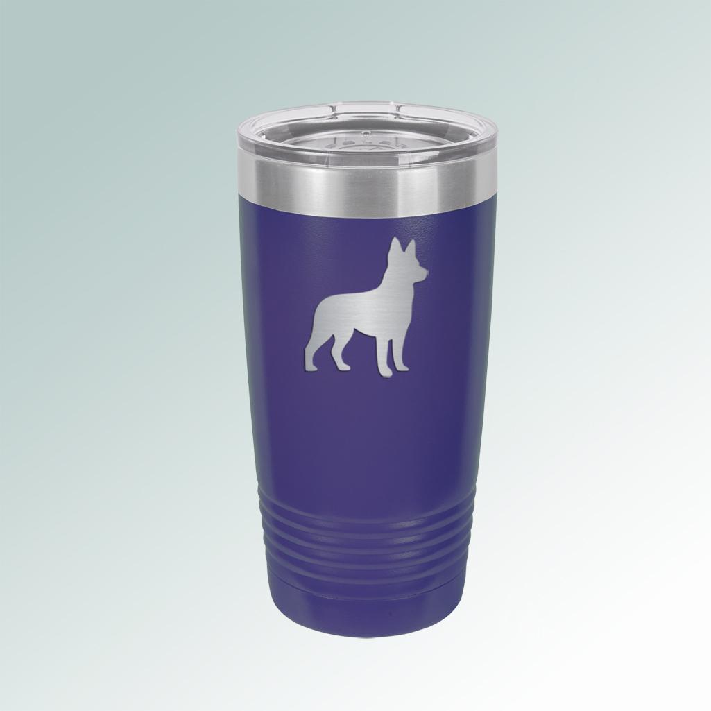 Custom engraved vacuum insulated tumbler with your choice of dog breed and personalized text. 100+ dog breeds to choose from.